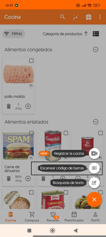 Kitchen page with Scan Barcode option